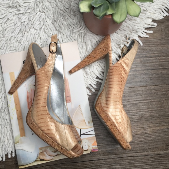 Jessica Simpson Shoes - Jessica Simpson Nude Snakeskin and Cork Slingbacks
